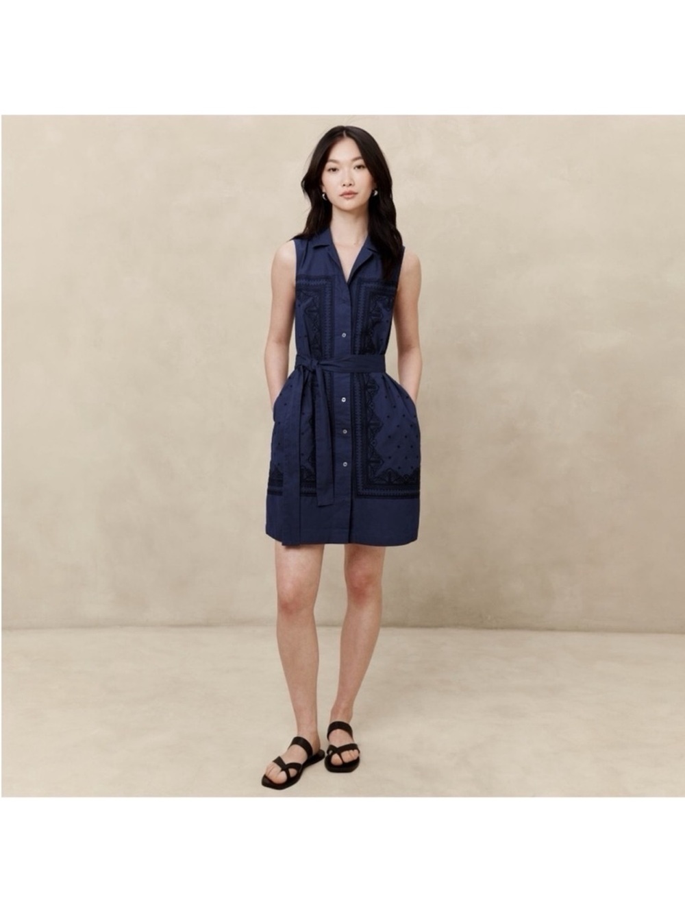 Banana Republic Sleeveless Navy Embroidered Shirt Dress
